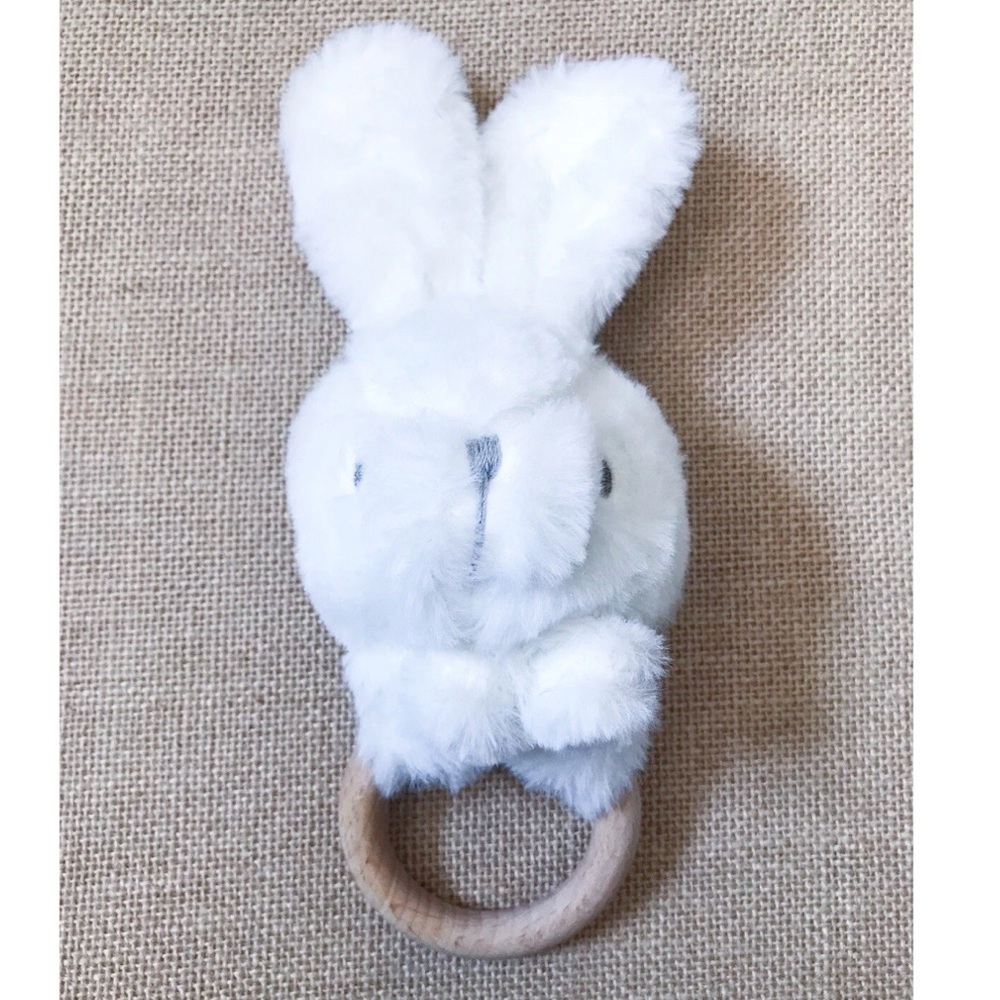 White Rabbit Plush Teething Ring Teether Rattle Stuffed Animal Baby Toy